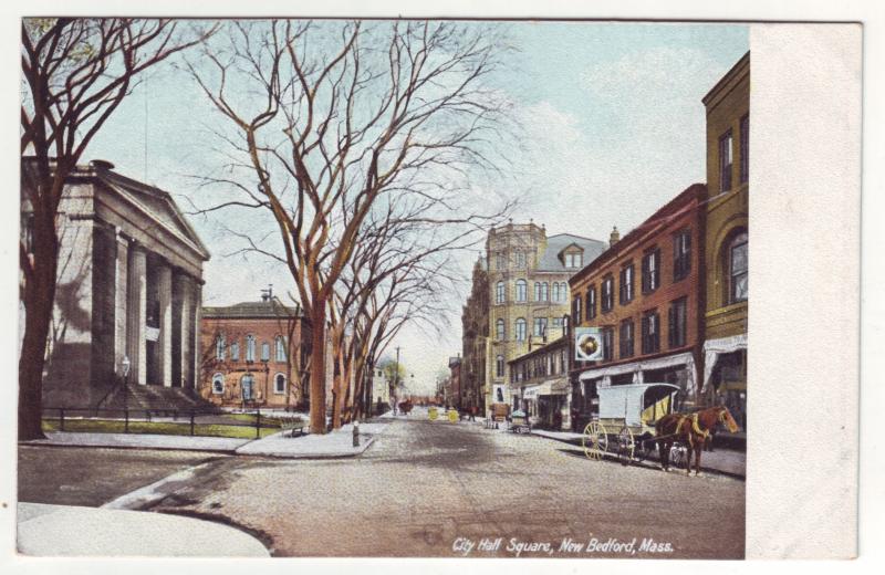 P774 old card city hall square horse and wagon etc, new bedford mass