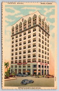 Miami Florida~Cortez Hotel Opposite Post Office~c1930s Autos~Vtg Linen Postcard
