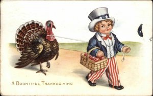 Whitney Thanksgiving Patriotic Little Boy Leads Turkey c1910 Vintage Postcard