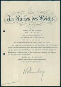 3rd Reich Germany Minister of Defence Werner von Blomberg Autographed Awar 77441