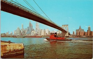 Brooklyn Bridge New York City NY Red Tug Tugboat Unused Vintage Postcard H20