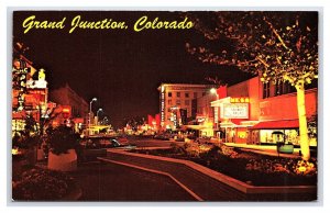 Postcard Grand Junction Colorado Main Street Night Scene Neon Signs Storefronts