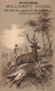 1880s-90s Buck Deer Hunting Roche Millinery Goods Worcester MA Trade Card