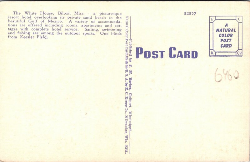 Biloxi MS White House Hotel Postcard unused 1930s/40s (6460)