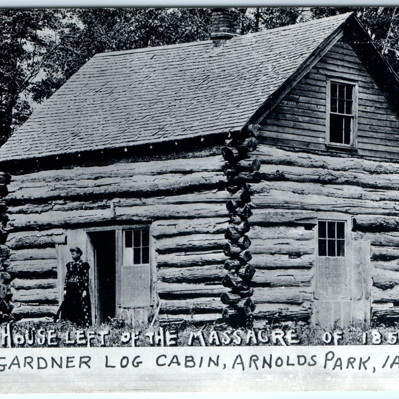 c1940s Arnolds Park, IA RPPC Gardner Log Cabin Massacre 1857 Photo Postcard A103 United States