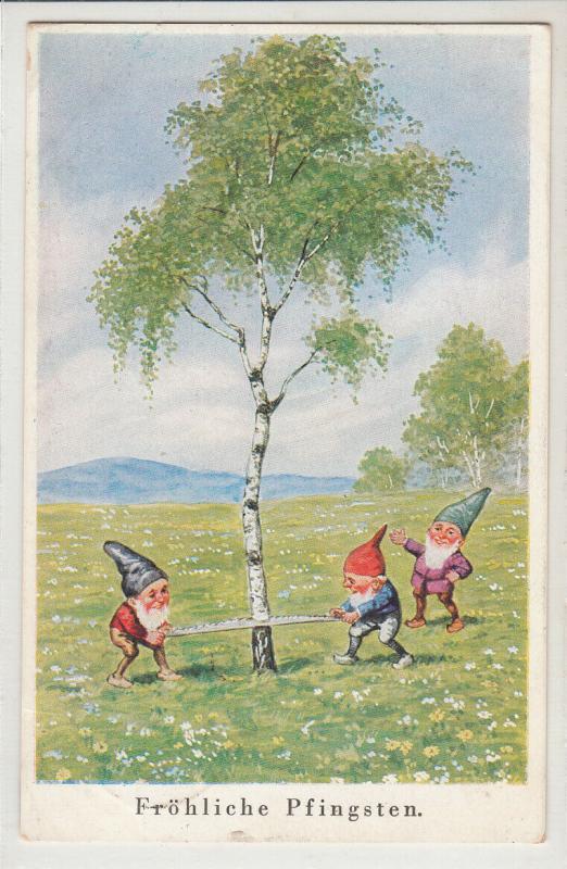 Germany 1937 Pentecost greetings postcard comic dwarfs gnomes caricature