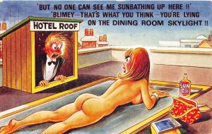 D62/ Nude Comic Bamforth Risque Postcard c1940s Boobs Woman Sunbathing Roof 13