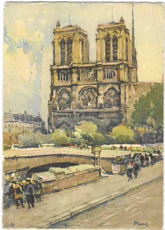 Notre Dame Cathedral Paris France Mailed 1955 Water Color Continental Size