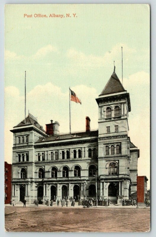 Albany New York~Post Office~Lots of People in Front~Flag on Roof~c1910 