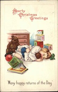 STECHER CHRISTMAS Little Girl Teddy Bear Building Blocks STECHER Postcard