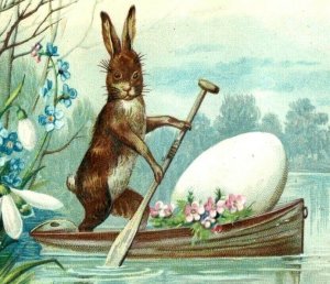 1880's Embossed Easter Card Anthropomorphic Brown Rabbit Boat Giant Egg P176