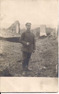RPPC WWI Era, German Soldier in War Ruins, Portrait, Uniform, 1914-18