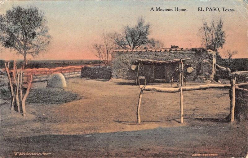 EL PASO TEXAS A MEXICAN HOME~INTERNATIONAL BOOK-HAND COLORED POSTCARD 1914