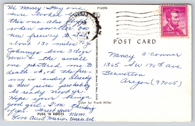 Animal~Gray Cat In Boot On Red Background~Vintage Postcard