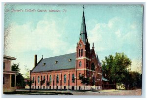 c1950 St Joseph's Catholic Church Building Cross Tower Waterloo Iowa IA Postcard
