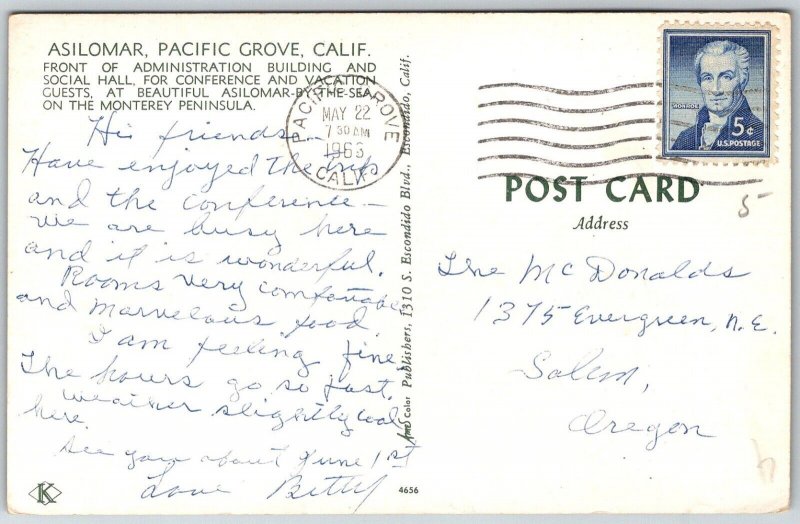 Pacific Grove Monterey California 1960s Postcard Asilomar Resort Admin Building