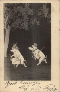 Pig Fantasy - Pigs Wearing Clothes Walking thru Woods at Night c1900 Postcard