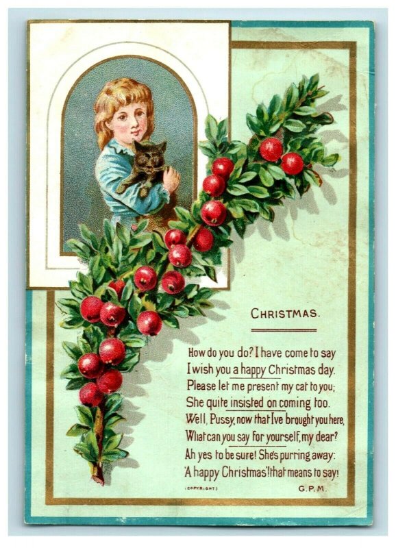 1880s-90s Christmas Card G.P.M. Poem About Cat Fab! P214 