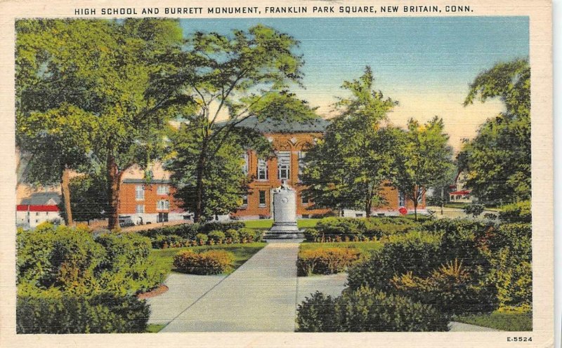 NEW BRITAIN, CT Connecticut  HIGH SCHOOL~Burrett Monument  1947 Linen Postcard