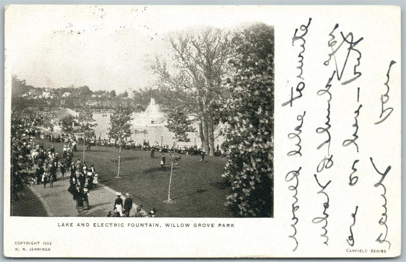 WILLOW GROVE AMUSEMENT PARK PA LAKE & ELECTRIC FOUNTAIN 1905 ANTIQUE POSTCARD