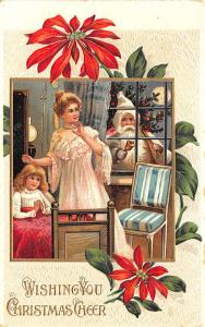 Christmas Santa Claus White Robed Mother & Child Embossed Postcard