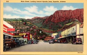 Linen Postcard Main Street, Looking toward Apache Leap in Superior, Arizona