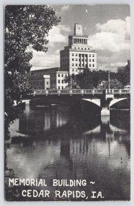 State View~Memorial Building From Lake Cedar Rapids Iowa B&W~Vintage Postcard