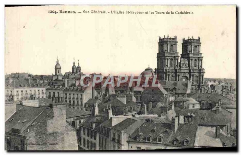 Postcard Old Rennes Vue Generale L & # 39Eglise St Savior and the Towers of t...