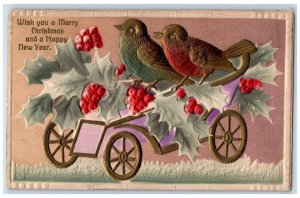 c1910's Christmas Song Bird Cart Wagon Berries Airbrushed Embossed Postcard