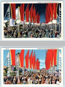 2 Postcards CHICAGO, IL ~ Century of Progress AVENUE OF FLAGS Night/Day 1933