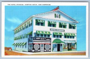 1930-50's HAMPTON BEACH NH THE HOTEL STANDISH GIFT SHOPPE TICHNOR LINEN POSTCARD