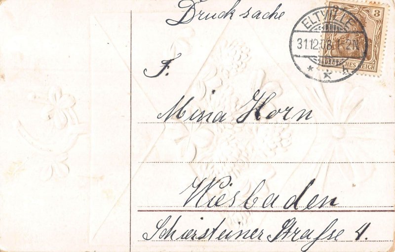 B191 New Year Greetings 1908 Shamrock Thistle Horseshoe Letter embossed postcard