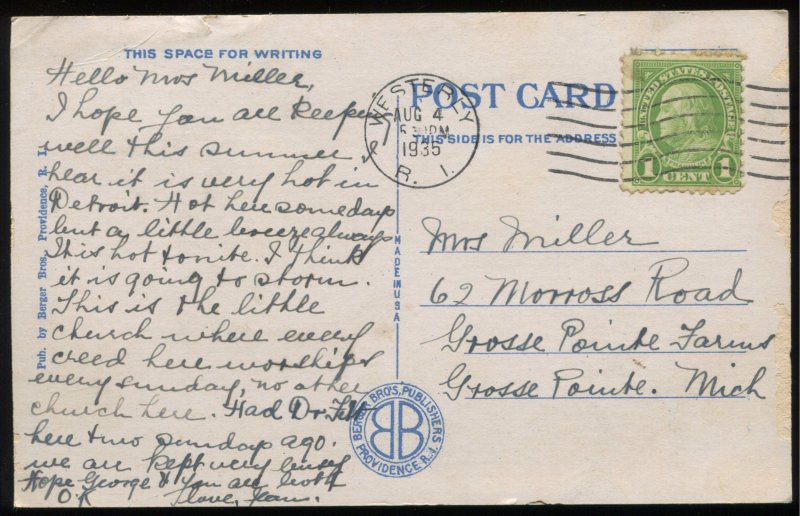 The Chapel, Watch Hill, RI. 1935 Berger Bros. postcard