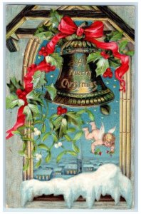 1909 Christmas Angel Bell Berries Mistletoe Embossed New London WI Postcard