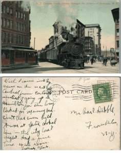 N.Y. CENTRAL TRAIN SYRACUSE STREETS N.Y. 1910 ANTIQUE POSTCARD railroad railway