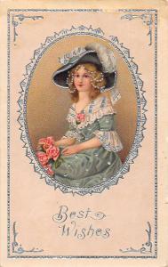 Best Wishes Lady Blue Hat  Pink Roses Antique Postcard J66893