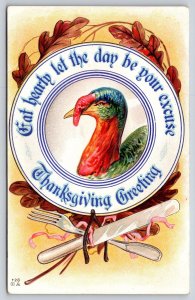 Thanksgiving~Turkey In Dinner Plate~Cutlery~Wishbone~NASH c1910 Vintage Postcard