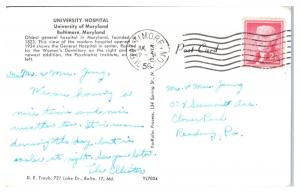 1956 University Hospital, University of Maryland, Baltimore, MD Postcard