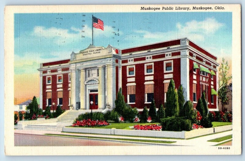 Muskogee Oklahoma OK Postcard Muskogee Public Library Exterior Building c1945