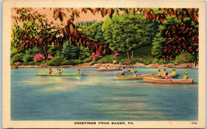 1930s Greetings from Baden Pennsylvania Women in Rowboats Canoes Postcard