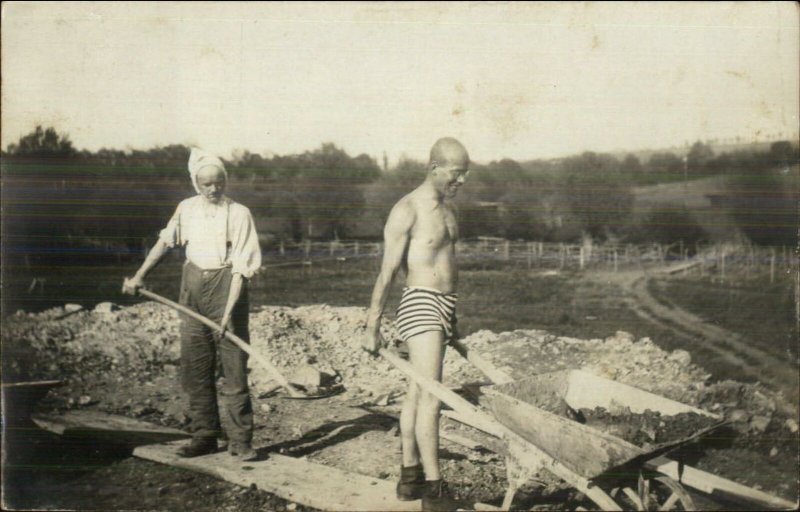 Men Work Labor Being Silly? Shirtlesss Bonnet Unusual Shorts Clothing RPPC