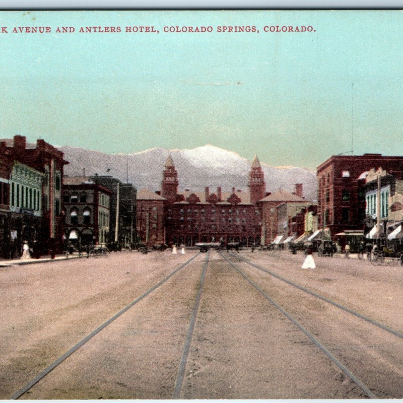 c1910s Colorado Springs, CO Pikes Peak Ave Antlers Hotel Postcard Railway A170