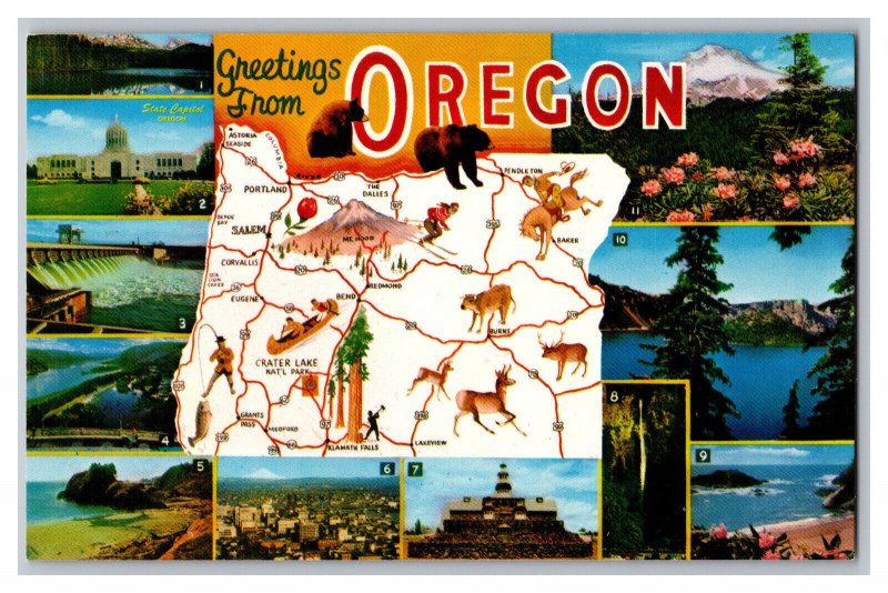 Postcard OR Greetings From Oregon Vintage Standard Multi View Map Card