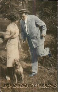 Romance? Man Goes to Kick Woman's Dog - Terrier c1910 Postcard