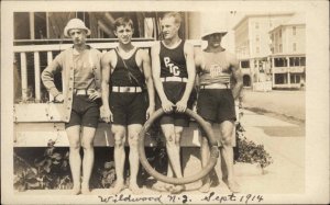 Wildwood NJ Handsome Young Men Life Saving Ring Bathing Suits RPPC 1914