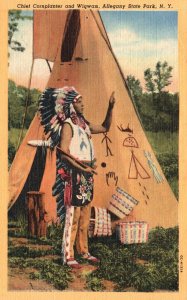 Vintage Postcard Chief Indian Cornplanter & Wigwarm Allegany State Park New York