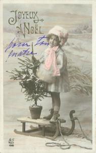 Hand Tint 1920s Merry Christmas girl sled RPPC Photo#1018 Postcard 5918