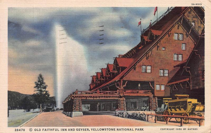 Old Faithful Inn & Geyser, Yellowstone Park, Wyoming, 1930 Linen Postcard, Used