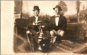 RPPC Novelty Two Men in Early Automobile Vintage Postcard O30