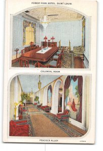 St Louis Missouri MO Postcard 1915-1930 Forest Park Hotel Colonial Room Peacock